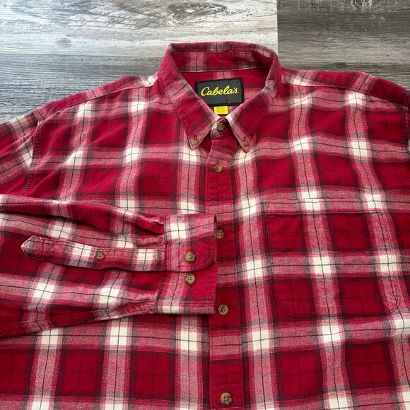 Cabelas Flannel Red Tan White Plaid Men 3XL Long Sleeve Button Down Work Shirt‎ - Picture 1 of 10